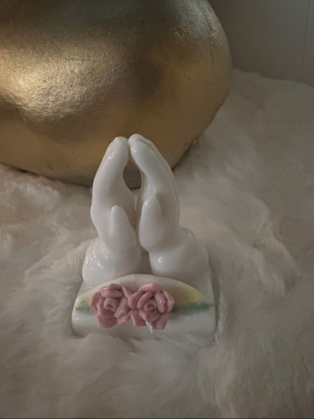Miniature White Ceramic Hand Figurine with Pink Rose Detail